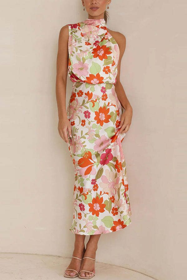 Fascinating Day Floral Halter Neck Elastic Waist Maxi Dress-consonak