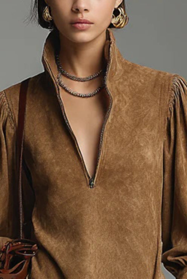 Stylish Loose-fitting Suede Zip-up V-neck Mini Dress-consonak