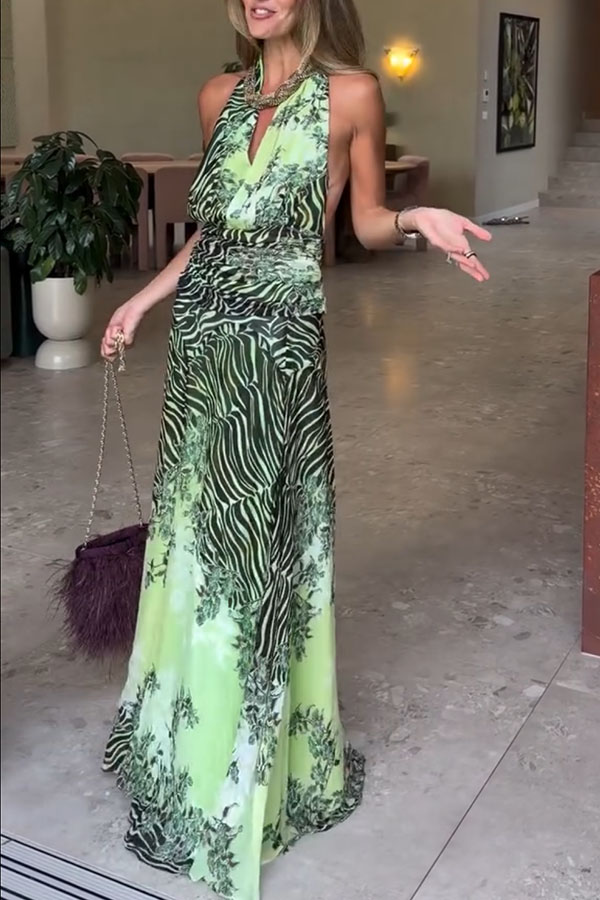Lyra Floral and Animal Prints Ruched Waist Halter Backless Tank and High Rise Maxi Skirt Set