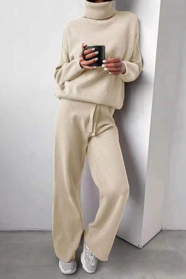 Solid Color Turtleneck Long-sleeved Knit Top and Elastic Waist Casual Pants Set-consonak