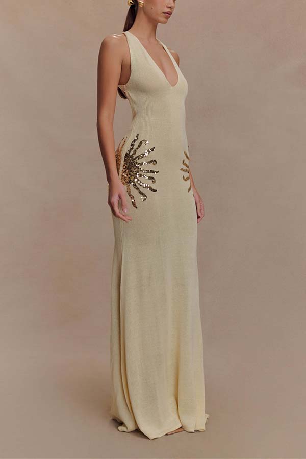 Sparkling Nights Knit Sunburst Sequin Detail Back Cross Straps Stretch Maxi Dress | Consonak