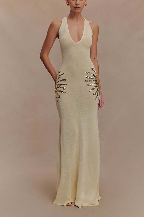 Sparkling Nights Knit Sunburst Sequin Detail Back Cross Straps Stretch Maxi Dress | Consonak