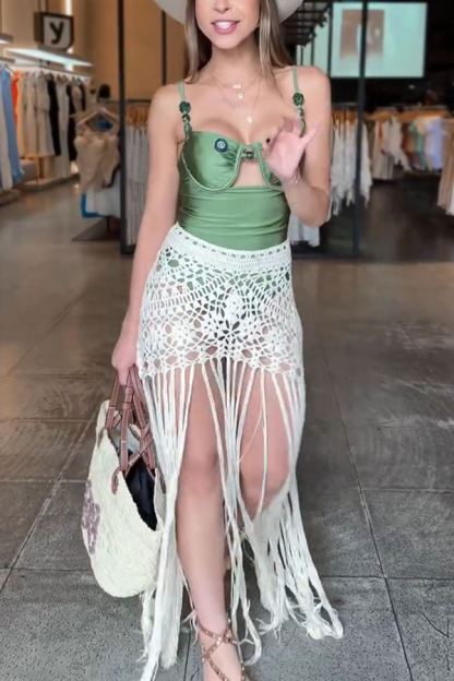 Meenah Knit Hollow Out Crochet High Rise Tassel Hem Cover-up Maxi Skirt