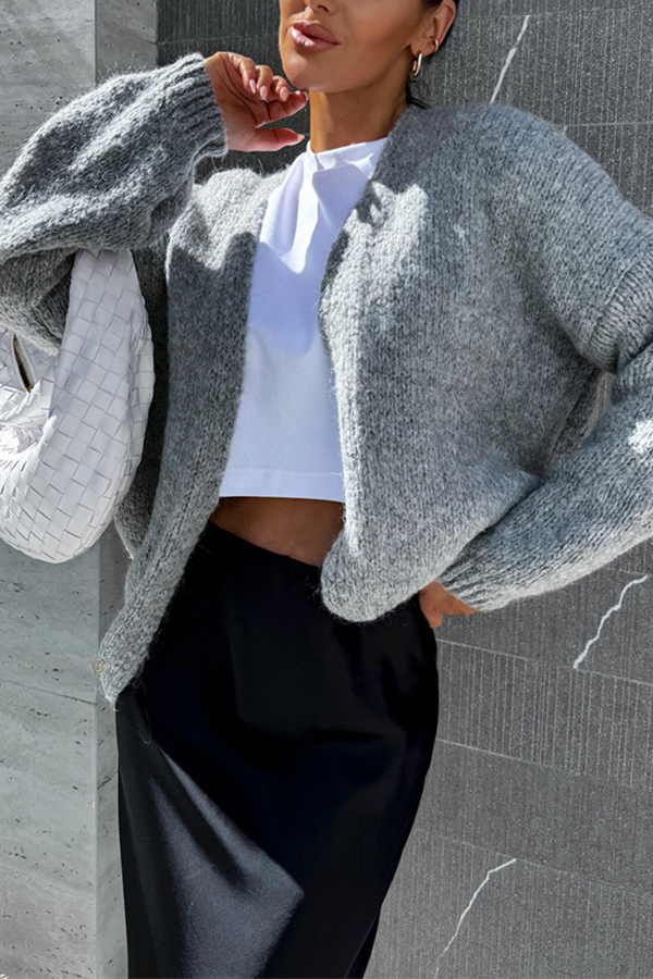 Solid Color Casual Long Sleeve Knitted Cardigan-consonak