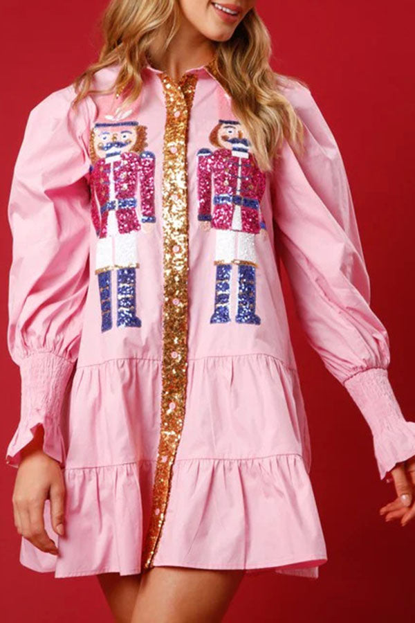 Nutcracker Sequined Button Down Long Sleeve Mini Dress-consonak
