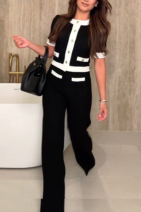 Fashion Contrast Color Stretch High Waist Casual Straight Pants-consonak