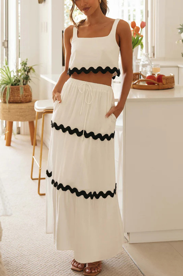 Napa Ric Rac Trims Sleeveless Crop Tank and Drawstring Elastic Waist Pocket Maxi Skirt-consonak
