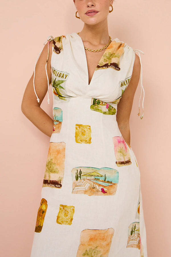 Art Summer Linen Blend Unique Print Drawstring Shoulder Loose Maxi Dress-consonak