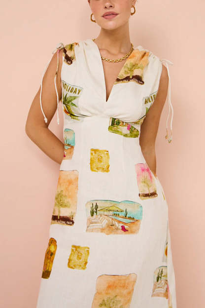 Art Summer Linen Blend Unique Print Drawstring Shoulder Loose Maxi Dress-consonak