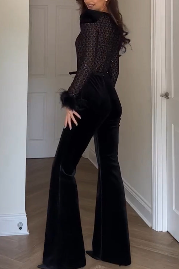 Monique Fish Scale Lace Sequin Velvet Patchwork Feather Trim Belted Stretch Flare Jumpsuit-Consonak