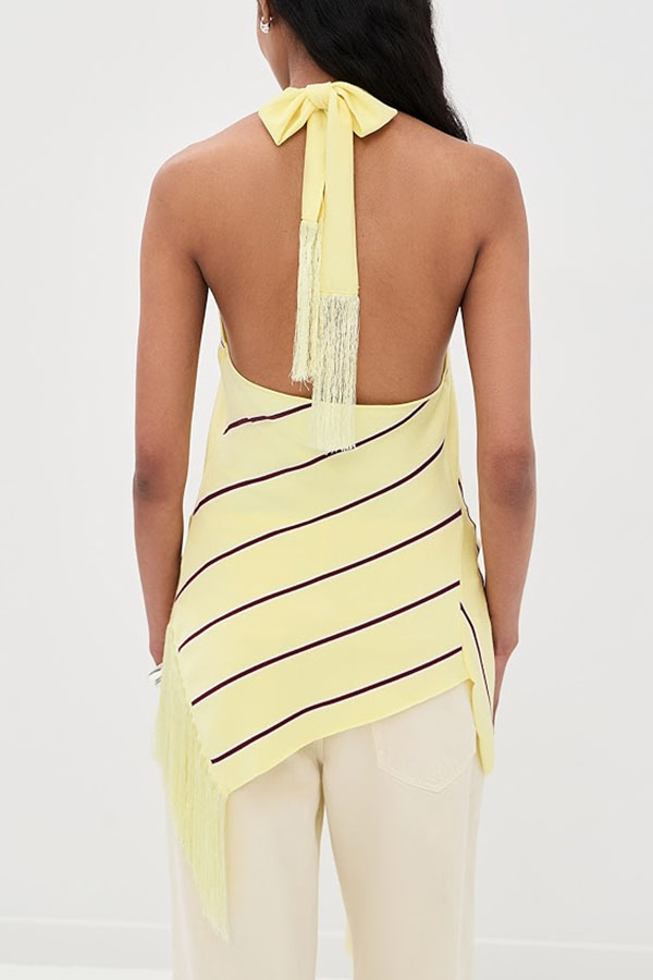 Laine Striped Print V-neck Fringed Hem Twist Drape Halter Tank-consonak