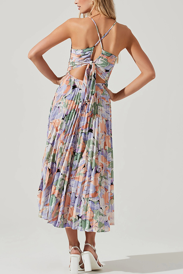 Wedding Party Season Floral Print Pleated Back Tie-up Midi Dress-consonak