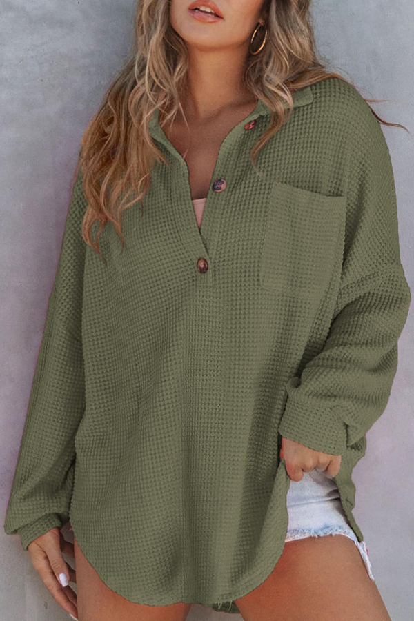 Solid Color Waffle Loose Casual Knitted Pocket Top-consonak