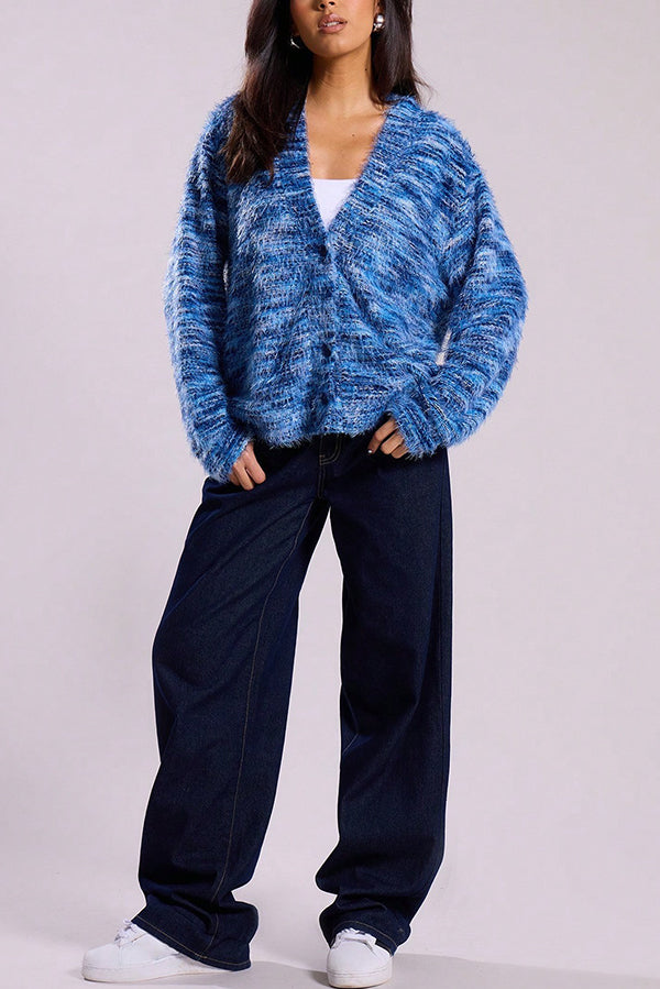 Fashionable Mixed Color Loose V-neck Casual Knit Cardigan-consonak