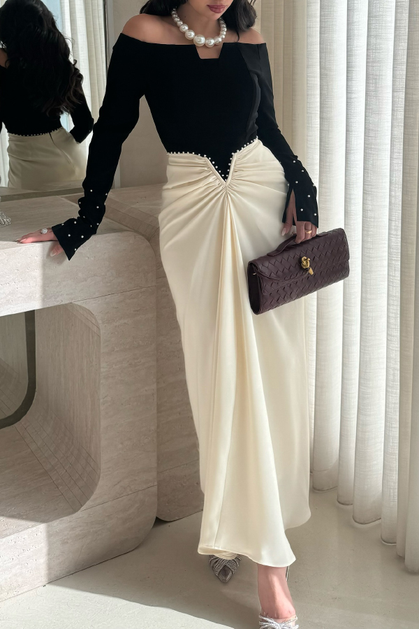 Stylish Pearl-embellished Elegant Off-shoulder Long-sleeved Draped Maxi Dress-consonak