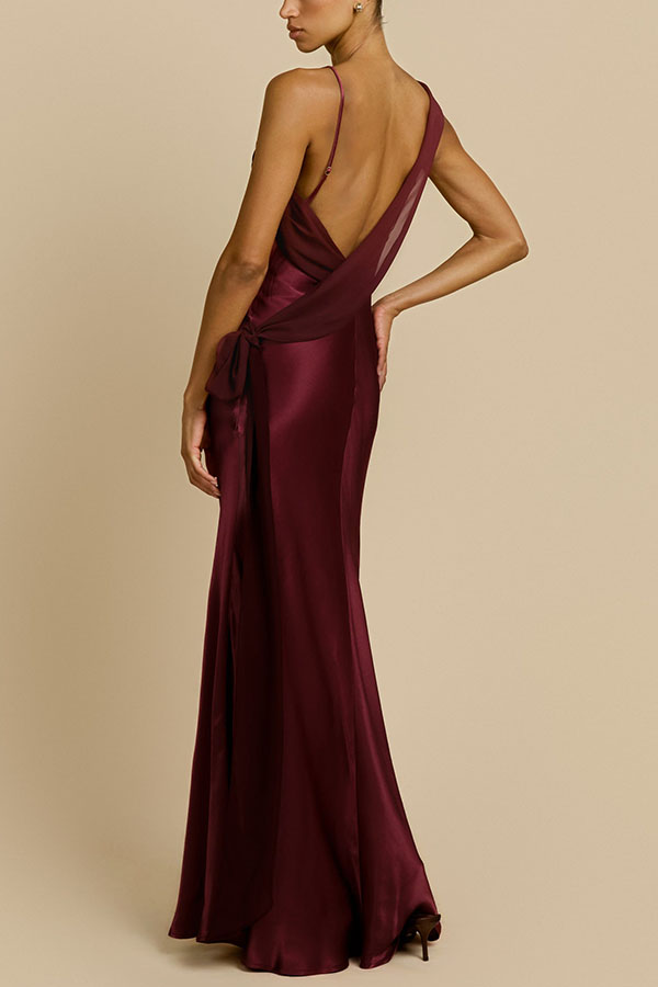 Helena Satin Asymmetric Neckline Contrast Chiffon Detail Backless Maxi Dress