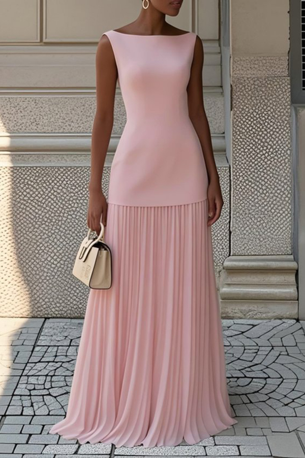 Solid Color Sleeveless Pleated Elegant Maxi Dress | Consonak