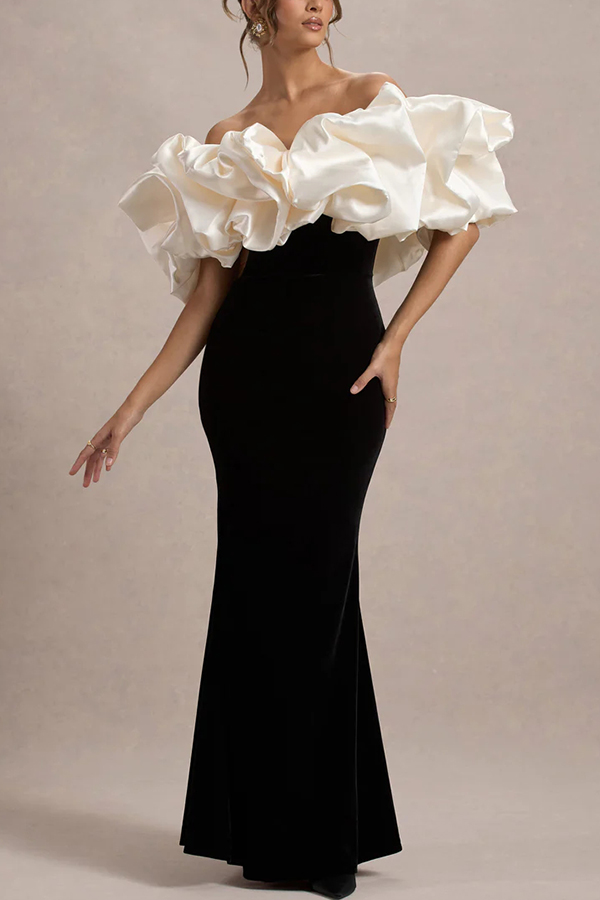 Cecily Velvet Off Shoulder Satin Structured Bardot Neck Stretch Maxi Dress-consonak