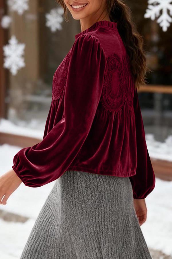 Fashionable Velvet and Lace Patchwork Loose Long-sleeved Top-consonak