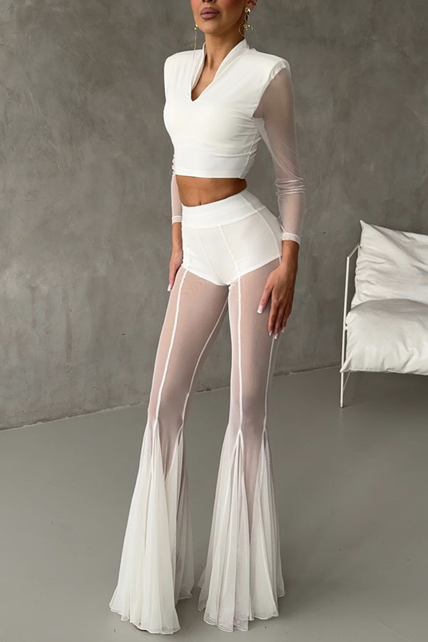 Deep Chic Mesh High Rise Elastic Waist Fishtail Stretch Pants-consonak