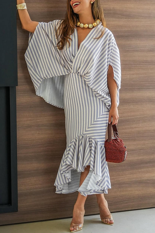 Tierra Striped V-neck Batwing Sleeve Loose Shirt and High Waist Irregular Fishtail Hem Midi Skirt Set-consonak