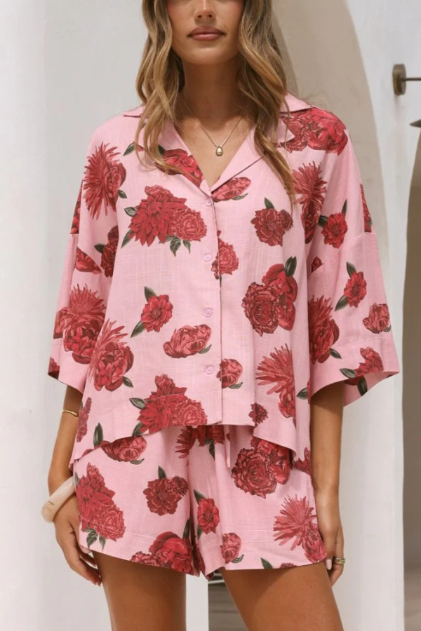 Linen Blend Floral Print Collared Half-sleeved Loose-fitting Shirt and