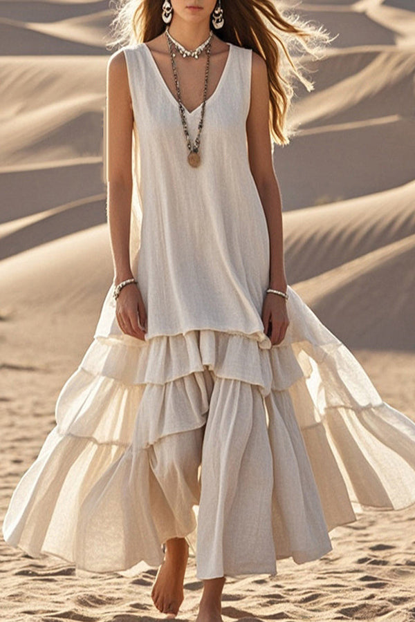 Linen Blend V-neck Sleeveless Loose Full Hem Midi Dress-consonak