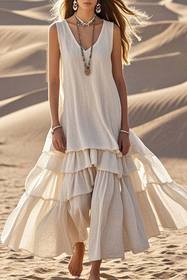 Linen Blend V-neck Sleeveless Loose Full Hem Midi Dress-consonak