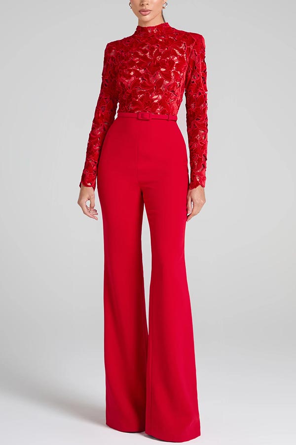 Eleanor Embroidered Floral Lace Long Sleeve Patchwork Belt Flare Jumpsuit | Consonak