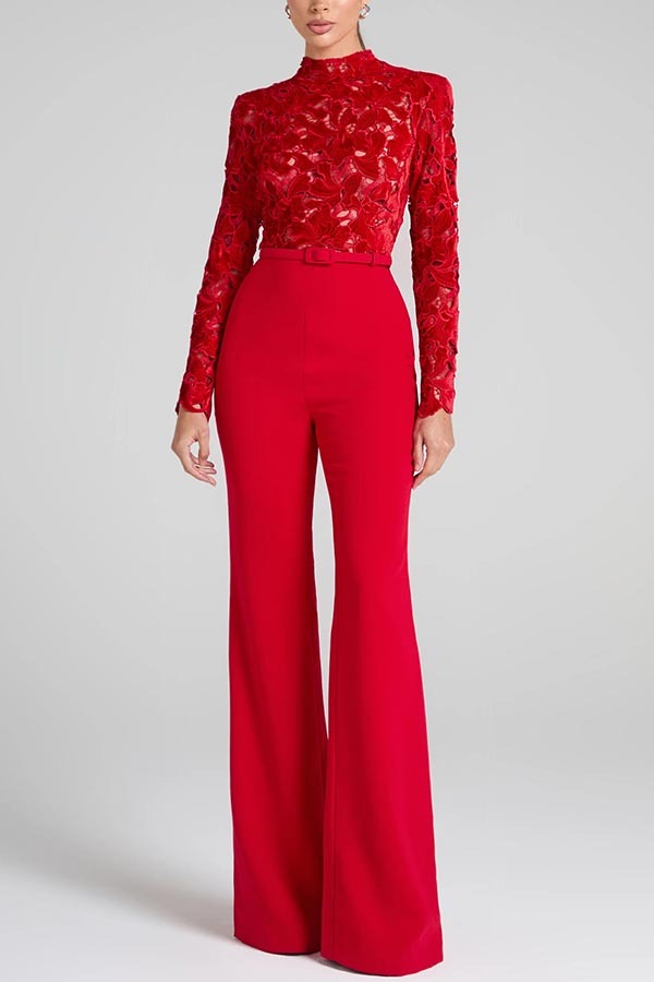 Eleanor Embroidered Floral Lace Long Sleeve Patchwork Belt Flare Jumpsuit-consonak