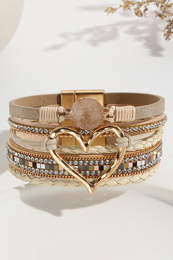 Bohemian Leather Cord Multi-layered Raw Stone Heart Bracelet | Consonak