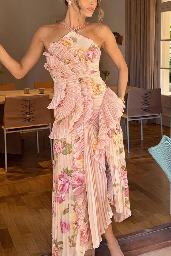 Dream Ode Lily Pad Style Pleats and Ruffles Halter Gown Maxi Dress-Consonak