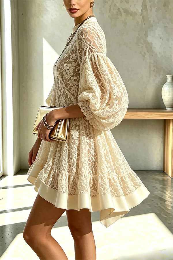 Norah Floral Lace Crew Neck Balloon Sleeve A-line Loose Mini Dress-Consonak