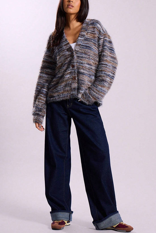 Fashionable Mixed Color Loose V-neck Casual Knit Cardigan-consonak