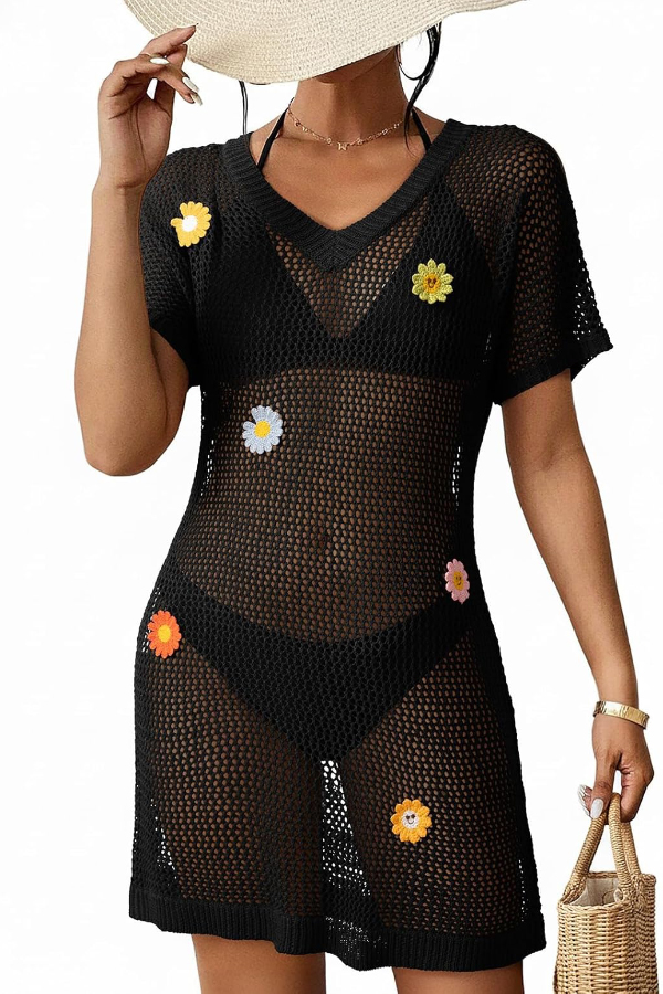 Floral-decorated V-neck Short-sleeved Crochet Cover-up Vacation Mini Dress-consonak
