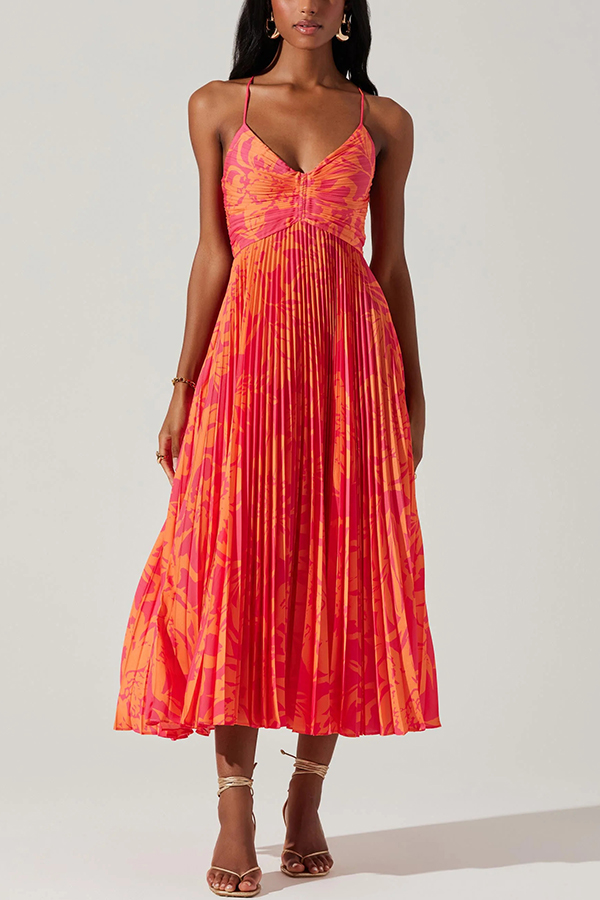 Wedding Party Season Floral Print Pleated Back Tie-up Midi Dress-consonak