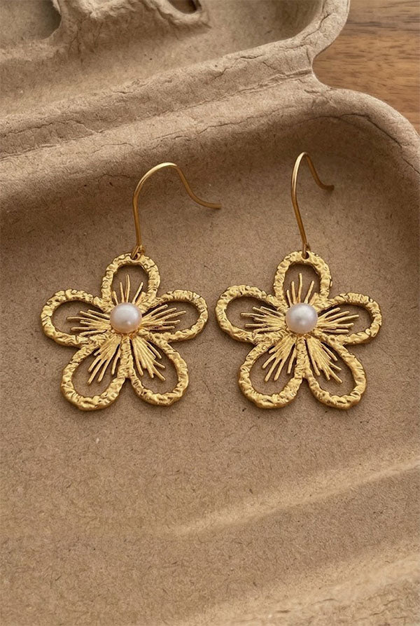Pearl Openwork Flower Earrings-Consonak