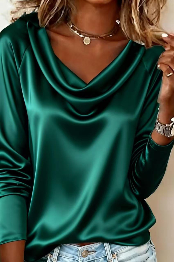 Solid Color Satin Casual Long-sleeved Draped Shirt-consonak