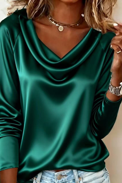 Solid Color Satin Casual Long-sleeved Draped Shirt-consonak