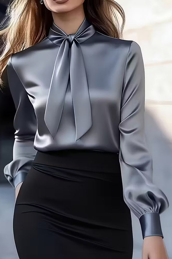 Solid Color Satin Long-sleeved Casual Tie-front Shirt | Consonak