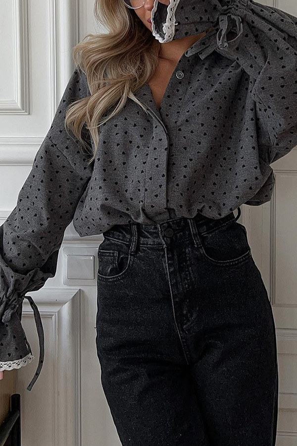 Fashionable Love Polka Dot Lapel Lace Cuffs Casual Shirt-consonak