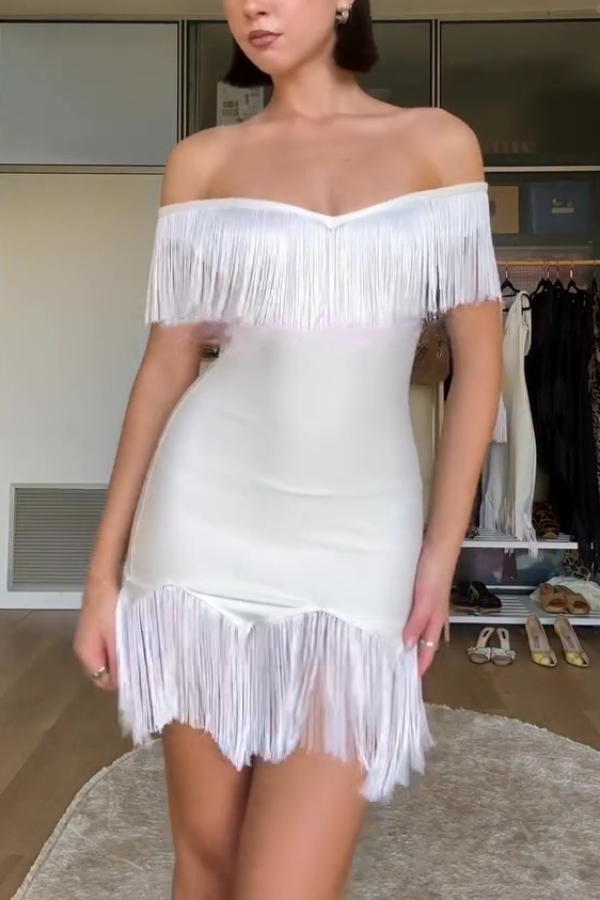 Solid Color V-neck Off-shoulder Slim-fit Tassel Mini Dress | Consonak
