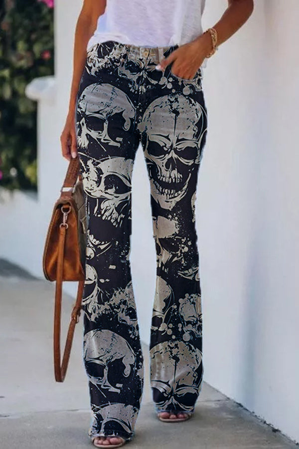 On A Drive Printed Faux Denim High Rise Flare Pants-consonak