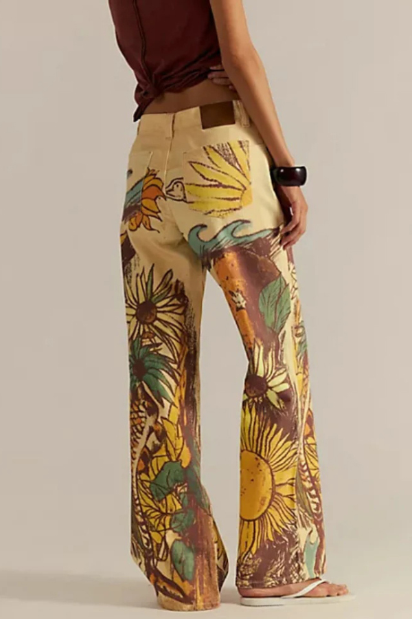 We The Free Denim Playful Doodle Printed Mid Rise Pocket Wide Leg Jeans | Consonak