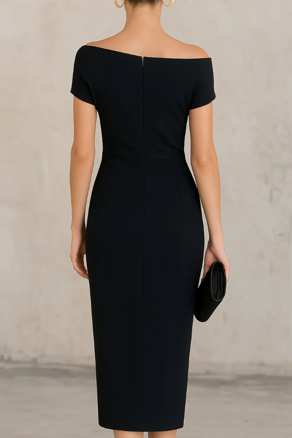 Solid Color Short-sleeved Fitted Waist Pleated Elegant Midi Dress | Consonak