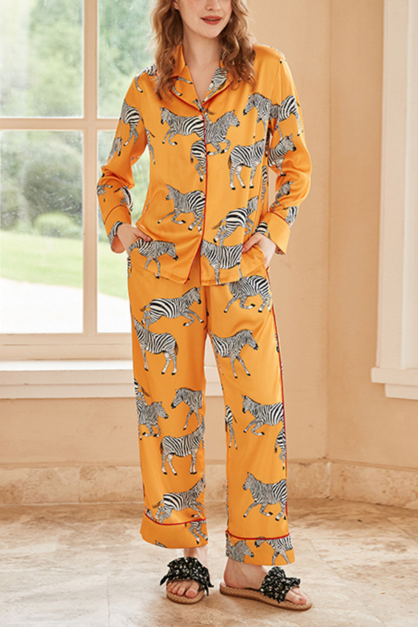 Yellow Zebra Print Home Long-sleeved Two-piece Set | Consonak