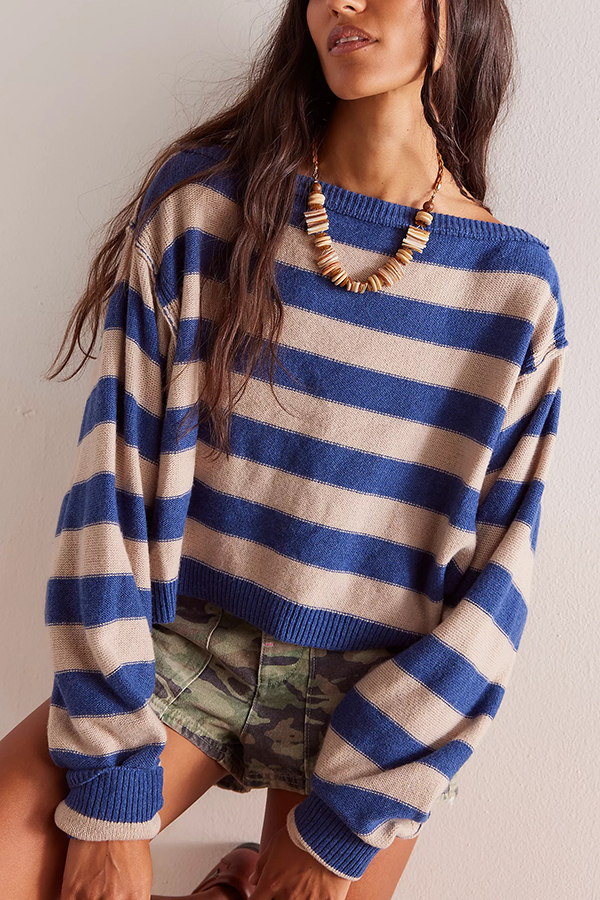 Striped Print Crew Neck Long Sleeve Loose Knitted Sweater-consonak