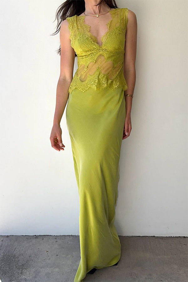 Effortless Elegance Satin Sheer Lace Patchwork V-neck Drape Maxi Dress-consonak