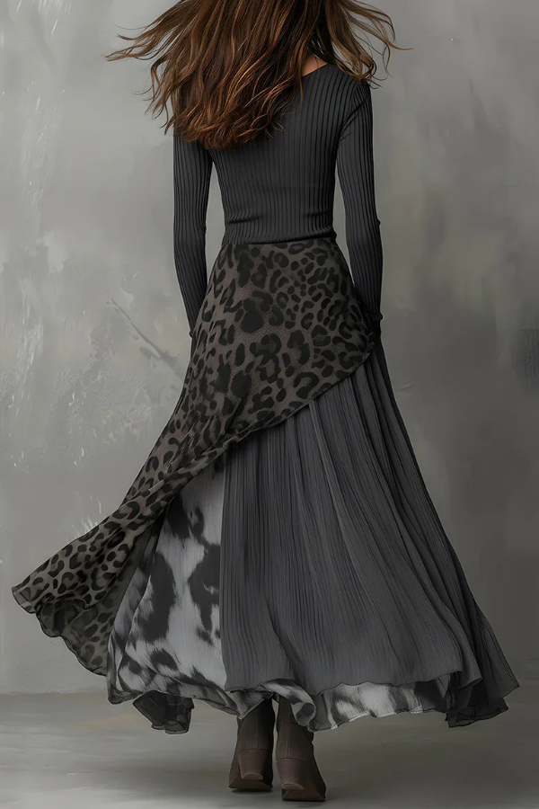 Stylish Leopard Print Patchwork Casual Long-sleeved Maxi Dress | Consonak