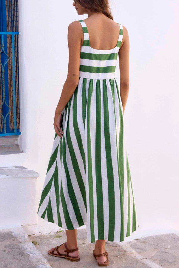Fashionable Striped Printed Square Neck Sleeveless Casual Vacation Maxi Dress